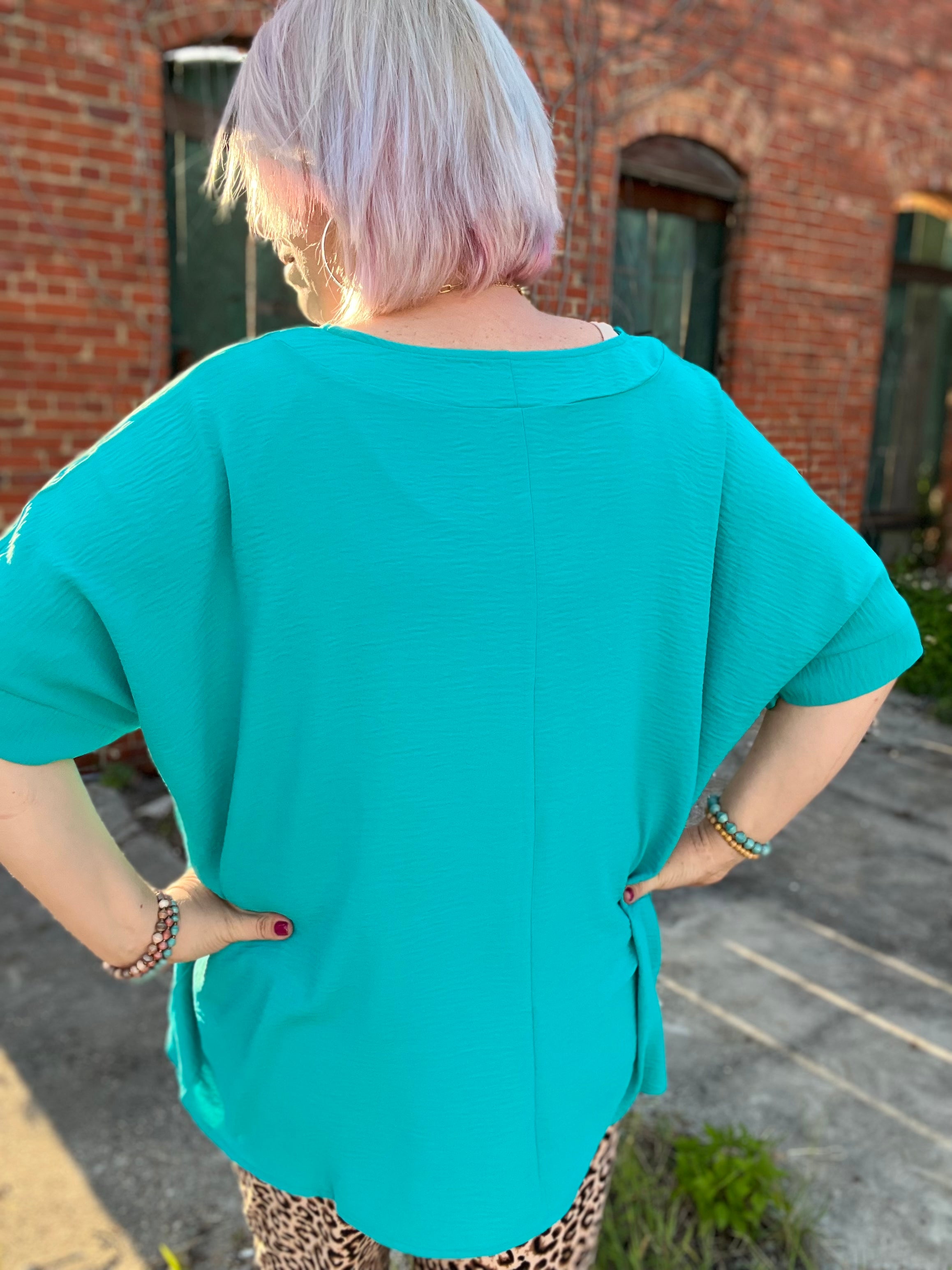 Zenana Light Teal Woven V Neck Dolman Short Sleeve Air Flow Top Ruby Idol Apparel