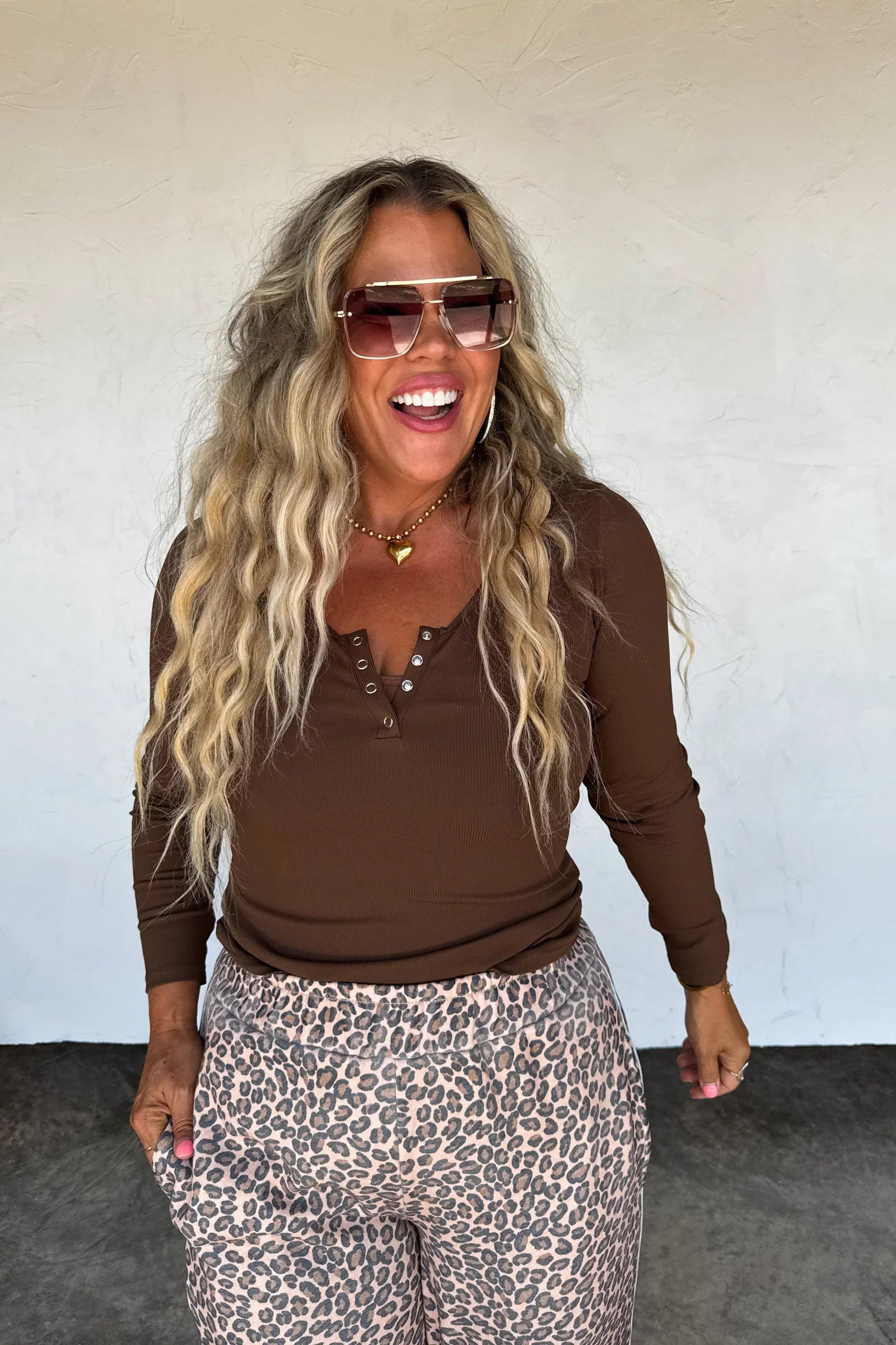 PREORDER: Blakeley Fall Brooklyn Snap Henley Top Brown Womens
