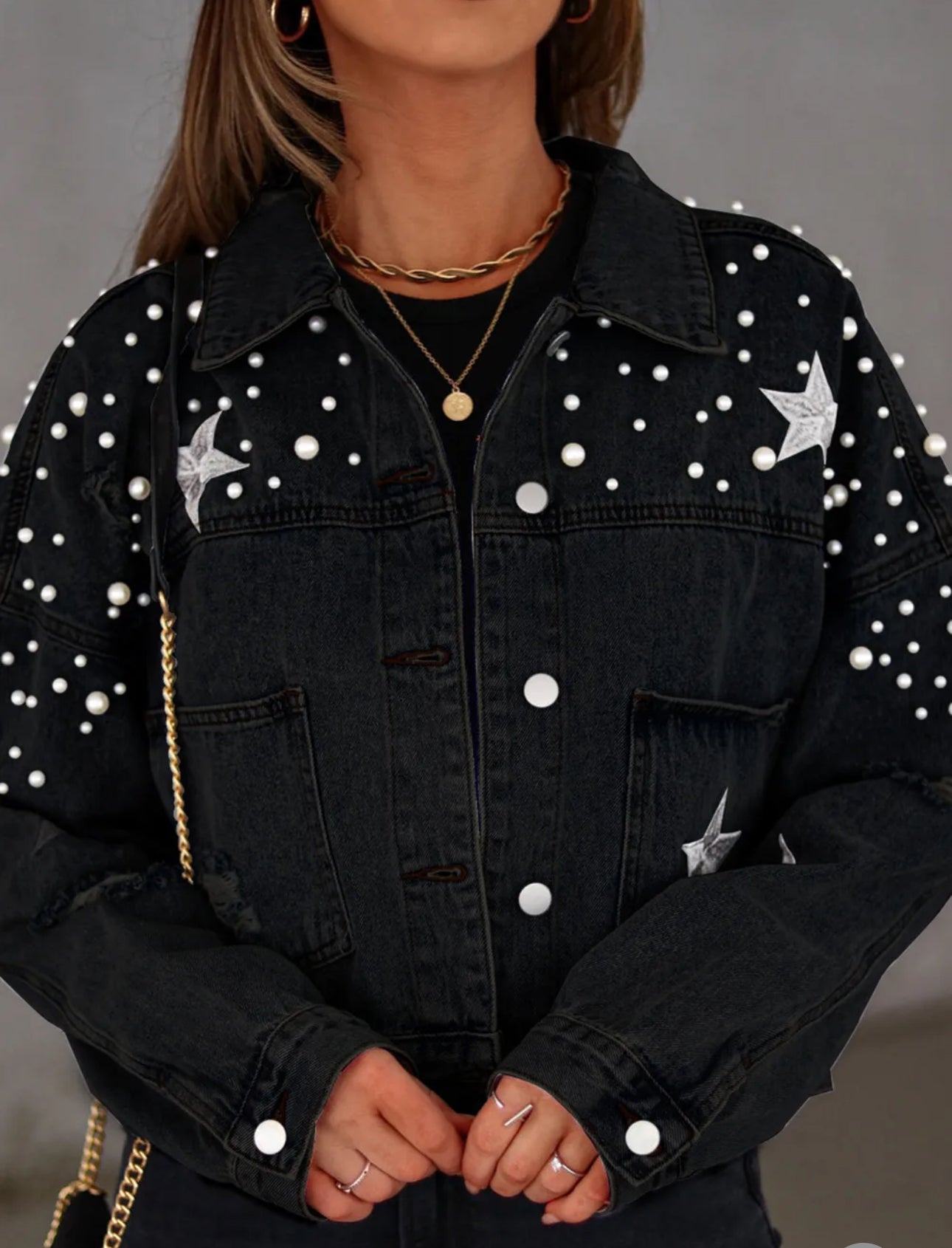 Pearl Beaded Star Embroidered Denim Jacket Final Sale Ruby Idol Apparel