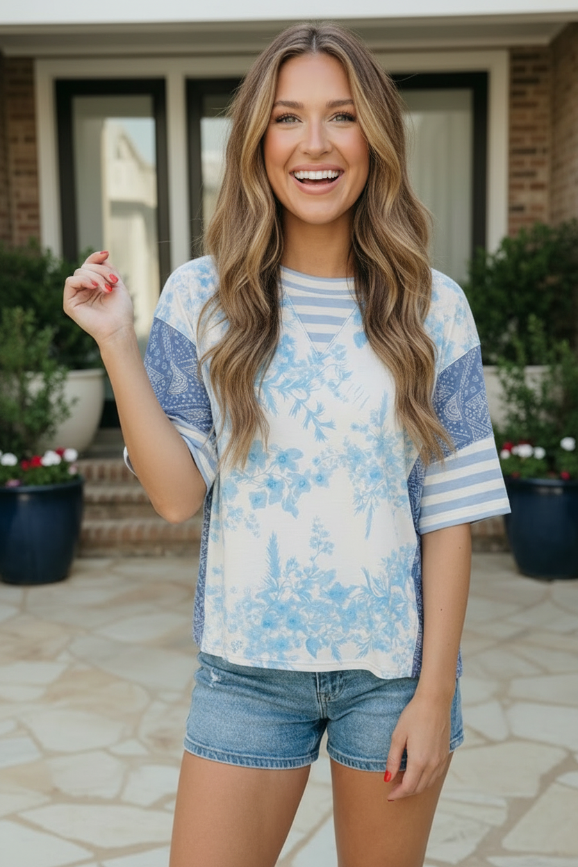 Haptics Blue Toile Mixed Print Oversized Tee