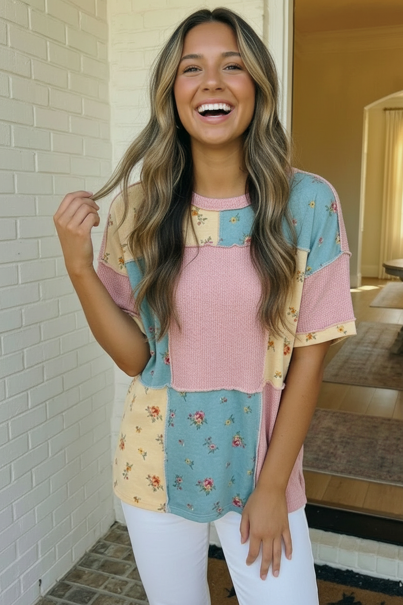 Haptics Patchwork Floral Waffle Knit Top