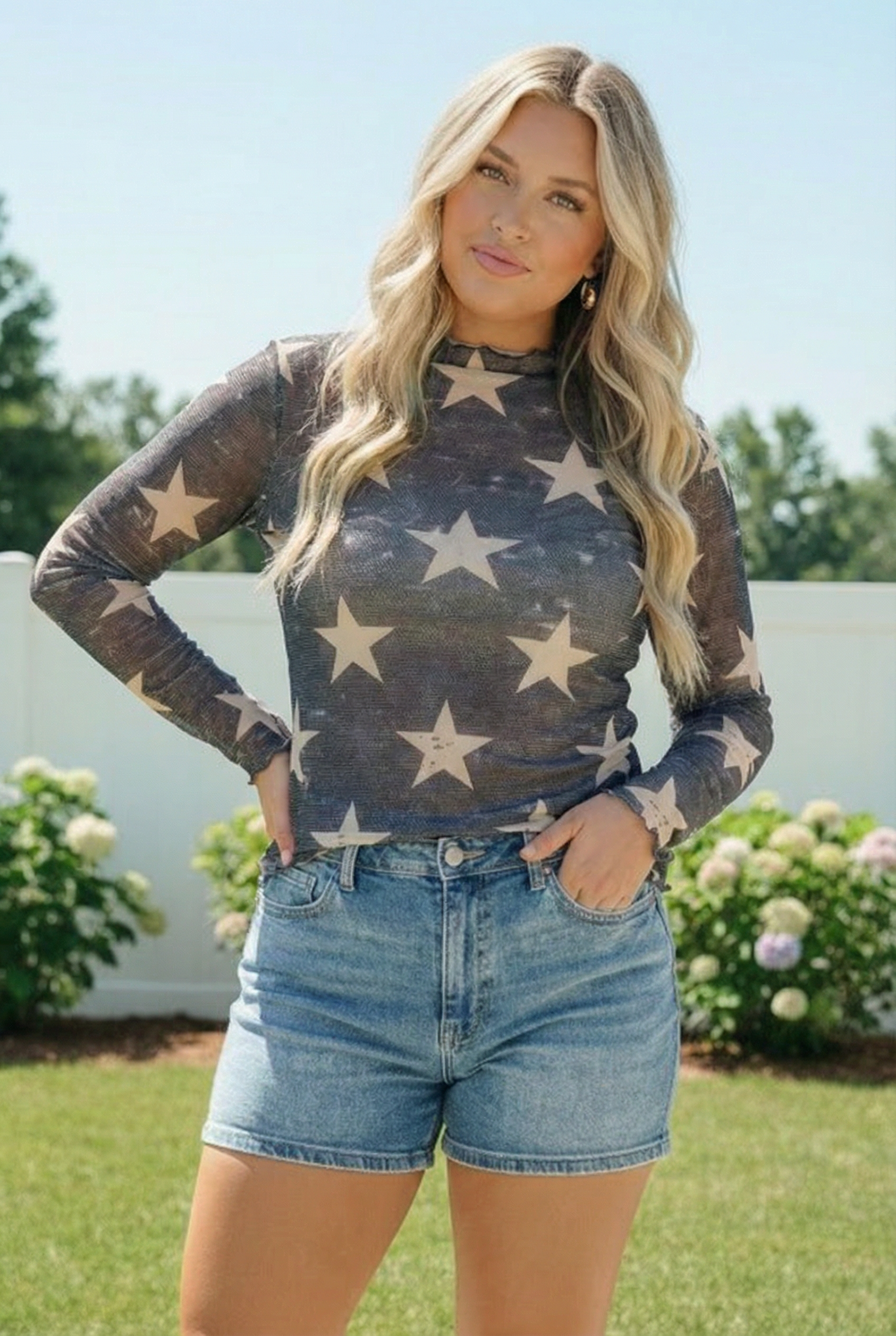 Haptics Star Gazer Long Sleeve Mesh Top