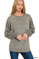 Zenana Black Curved Hem Two-Tone Ribbed Sweater BLACK
