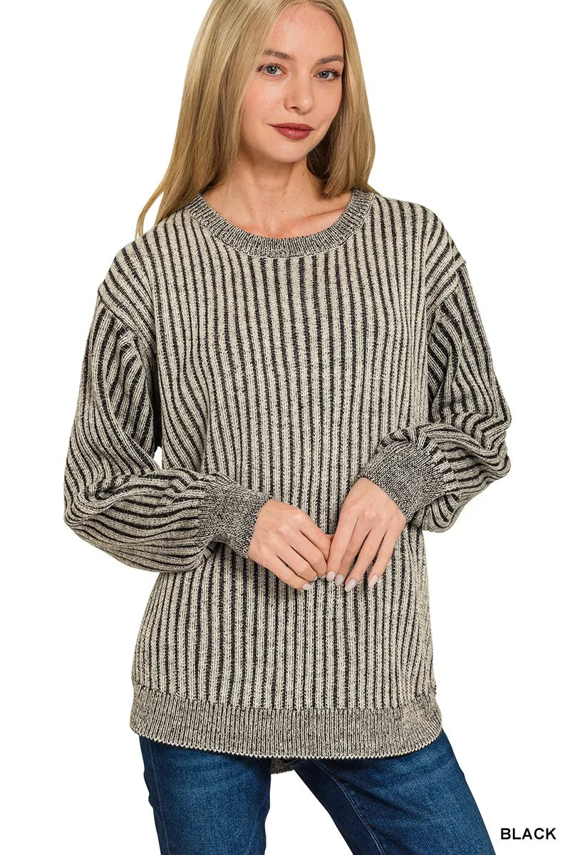 Zenana Black Curved Hem Two-Tone Ribbed Sweater BLACK