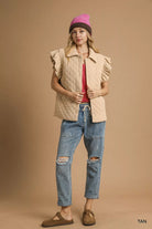 Umgee Tan Corduroy Quilted Ruffle Sleeve Vest