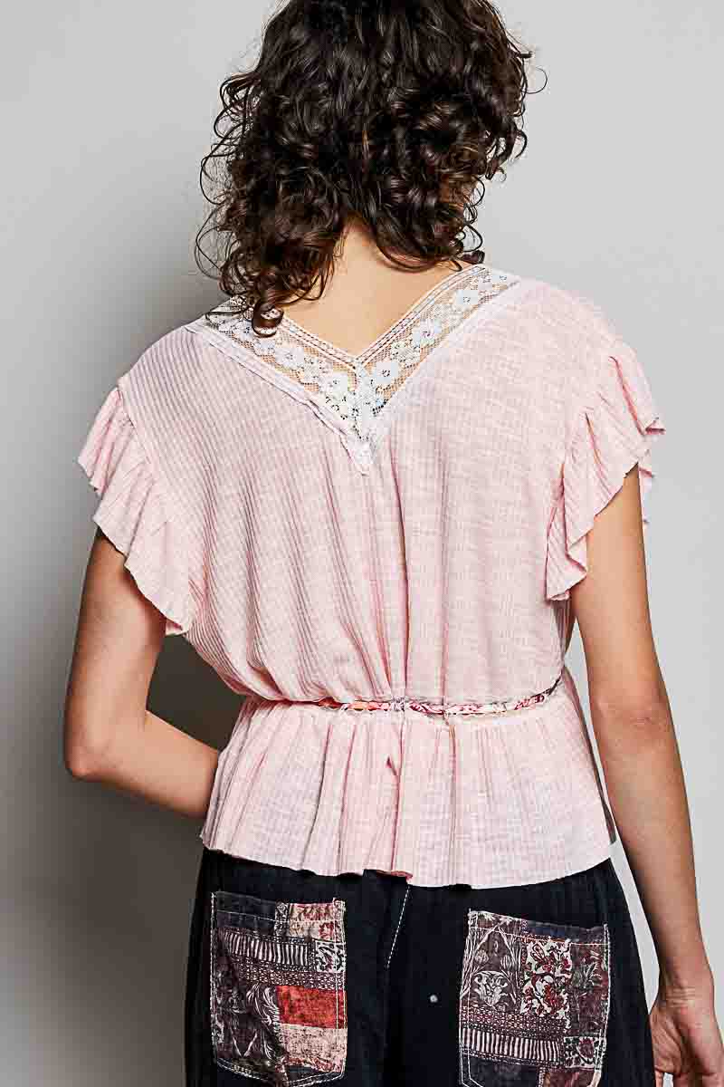 POL Blush Tied Ruffled V-Neck Short Sleeve Blouse with Lace Detail