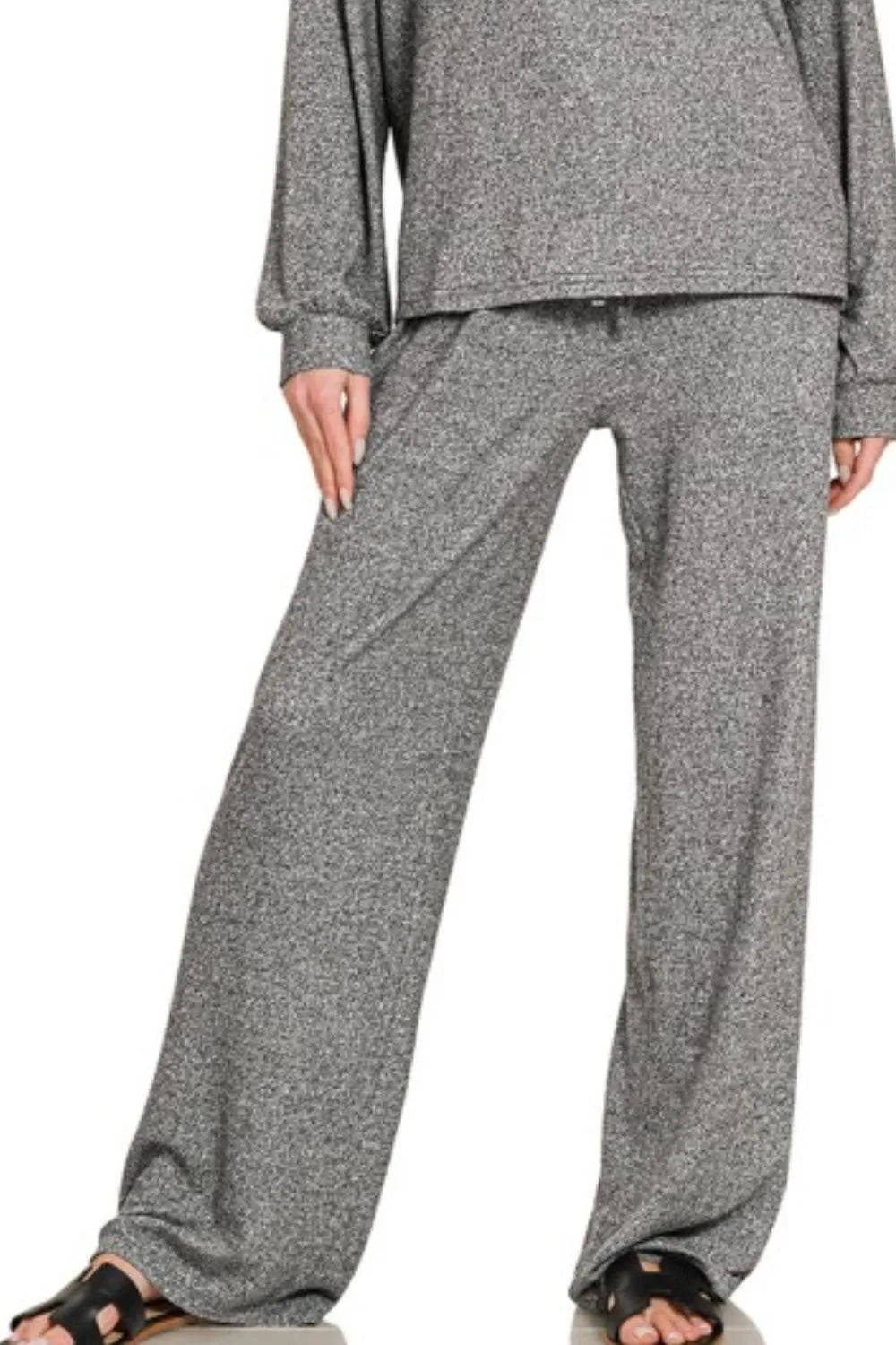 Zenana Black Soft Melange Hacci Long Sleeve Tee & Pants Set