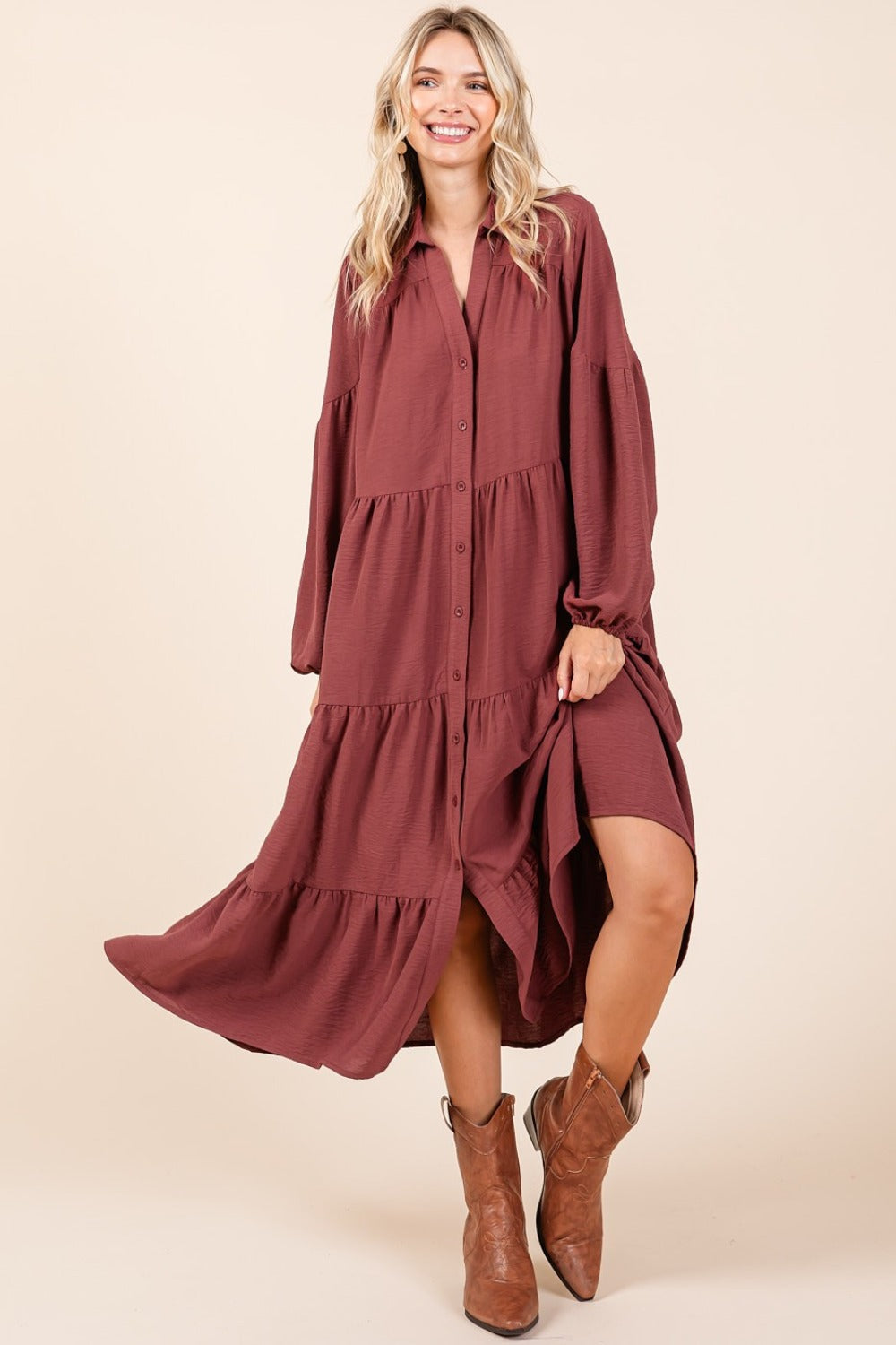 Mittoshop Tiered Button Down Long Sleeve Midi Dress Sienna Trendsi