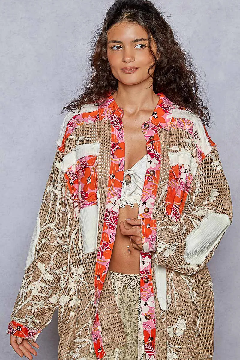 POL Floral Print Crochet Button Up Shirt CHOCOLATE