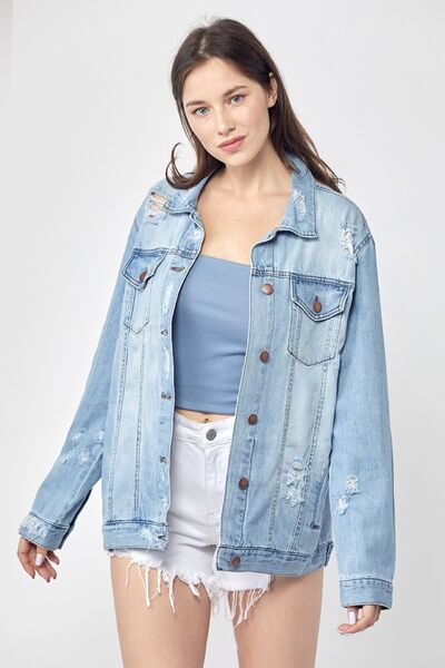 RISEN Light Wash Distressed Long Sleeve Denim Jacket Light