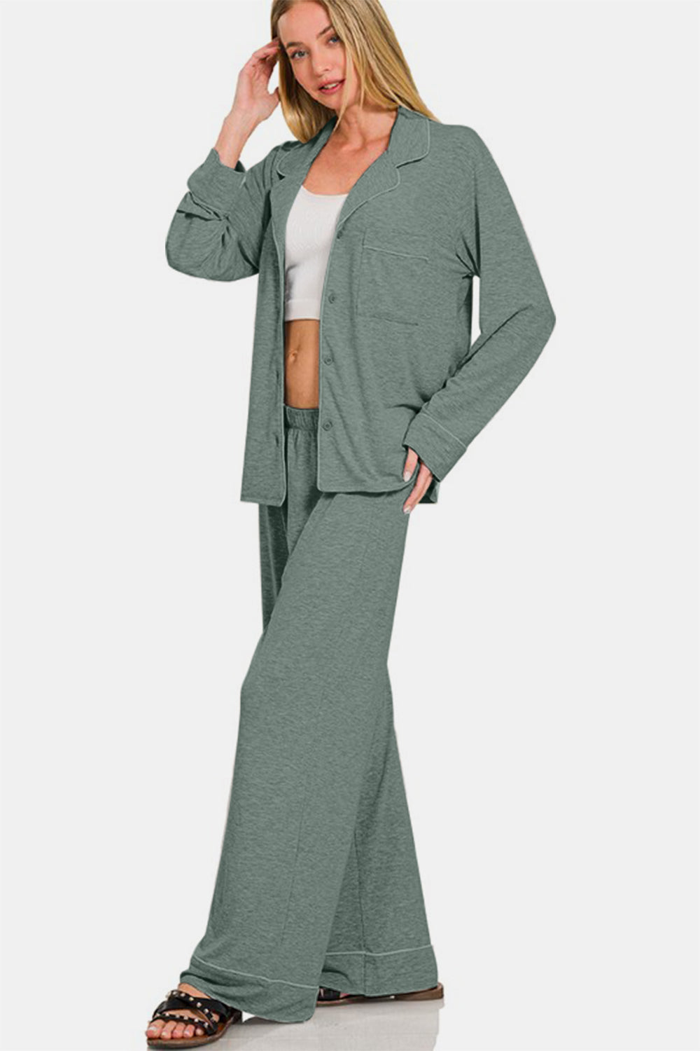 Zenana Sage Button Down Long Sleeve Top and Pants Lounge Set Loungewear