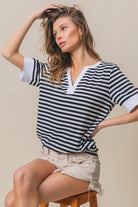 BiBi Black Contrast Striped Notched Knit Top Trendsi