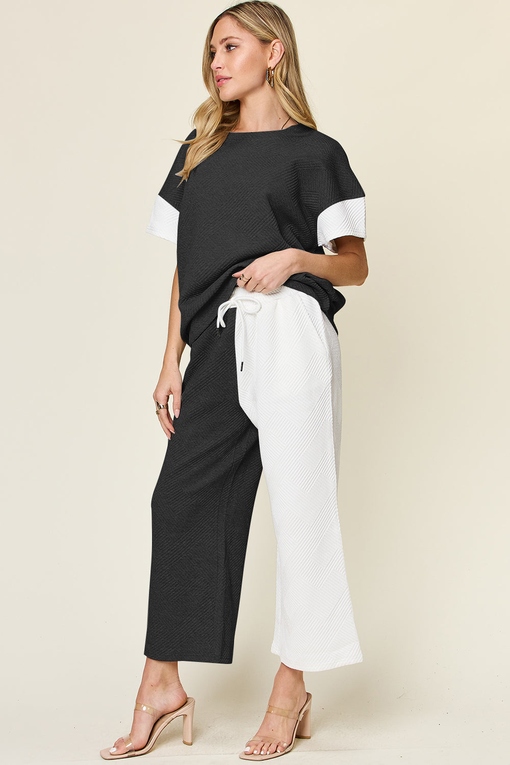 Double Take: 4 Colors: Quilted Textured Contrast Top and Wide Leg Pants Set Loungewear Set