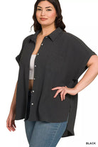 Zenana Black Woven Airflow Button Down Shirt Plus Size