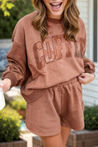 Preorder: COFFEE Sequin Round Neck Long Sleeve Top and Shorts Set Taupe Trendsi