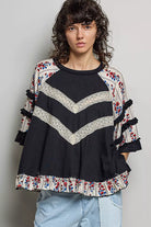 POL Round Neck Half Sleeve Contrast Floral Lace Oversized Knit Top Black