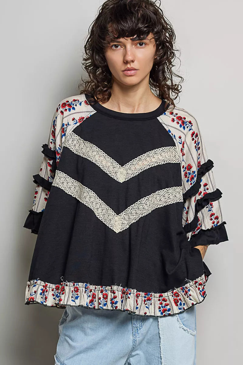 POL Round Neck Half Sleeve Contrast Floral Lace Oversized Knit Top Black