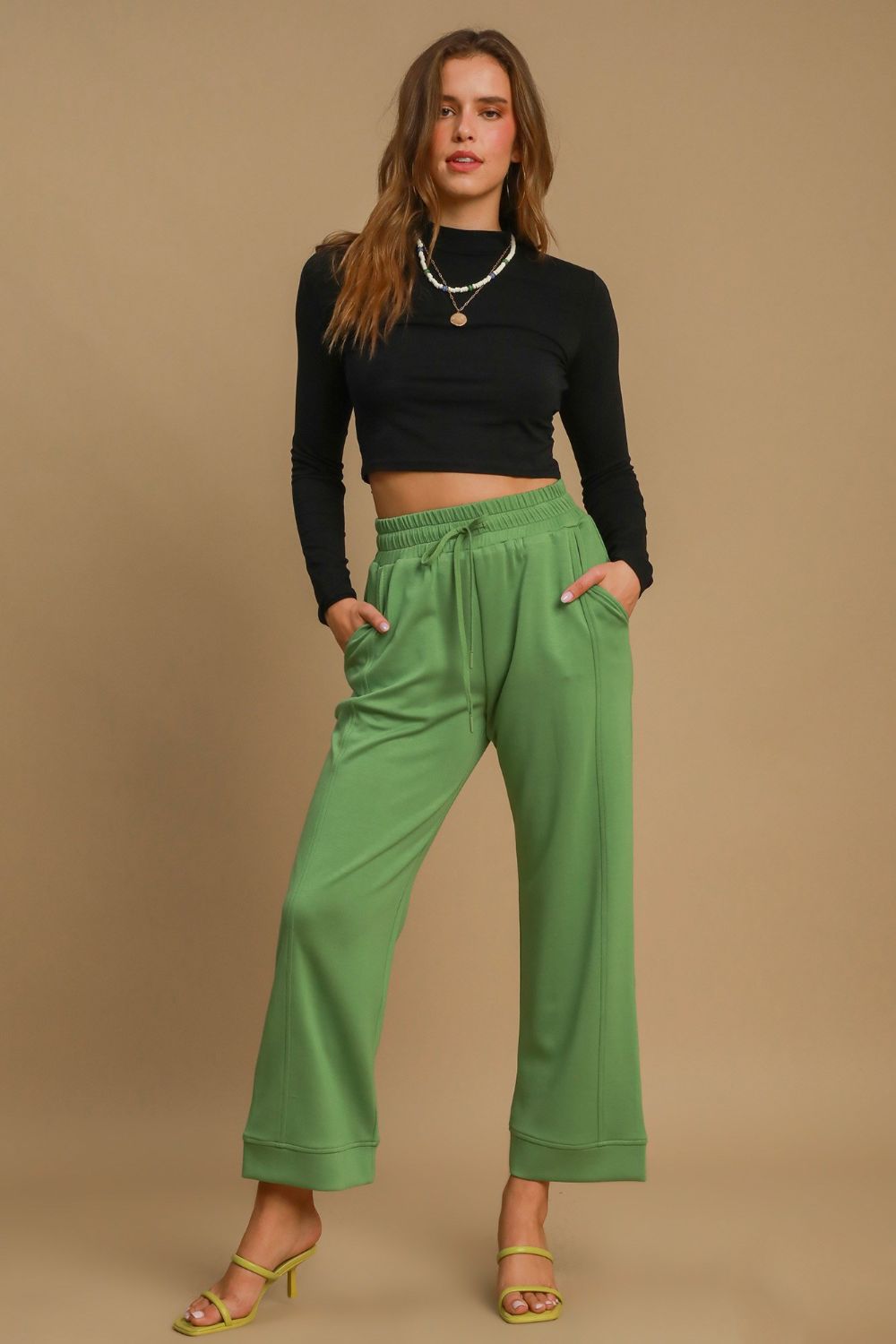 Umgee Green Drawstring Wide Leg Pants with Pockets Pants