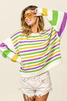 BiBi Ivory Mardi Gras Colors Stripe Comfy Sweater