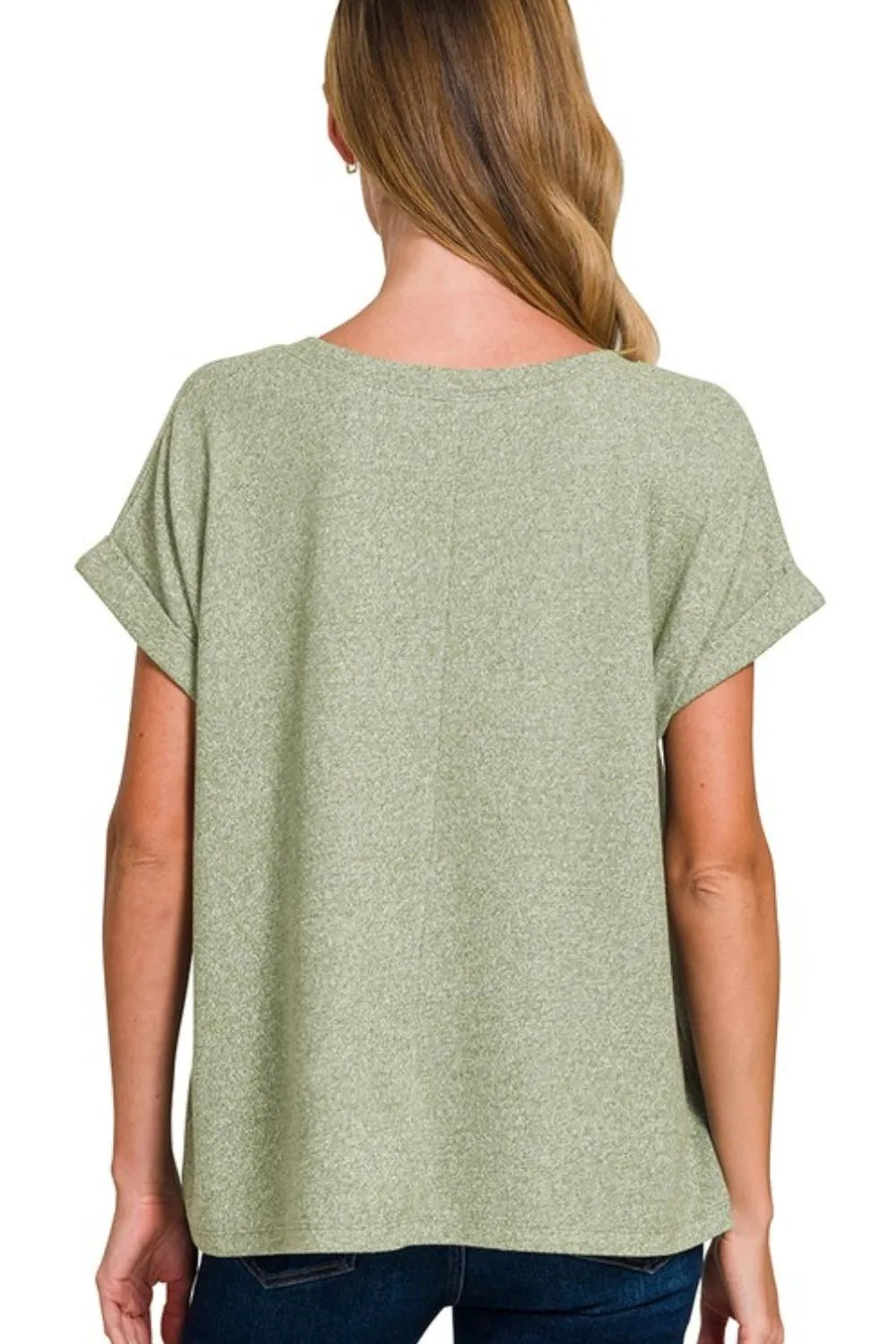 Zenana Light Olive Soft Melange Hacci V-neck Tee