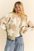 Davi & Dani Oatmeal Fuzzy Star Button Down Cardigan Oatmeal Trendsi