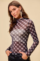 SO ME Plaid Mesh Knit Long Sleeve Top with Thumb Opening