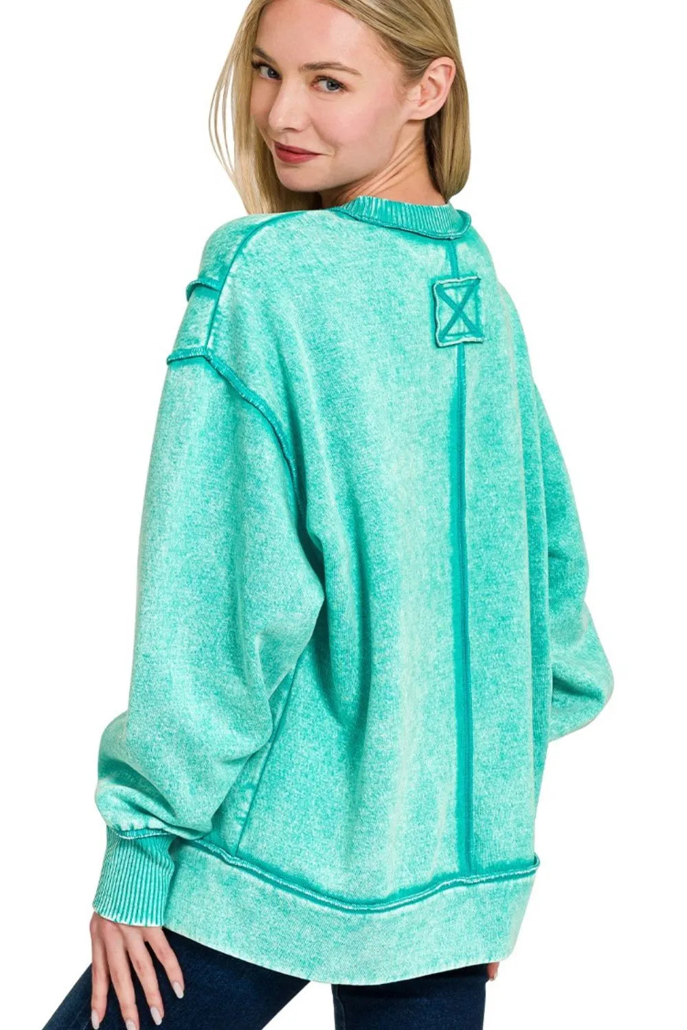 Zenana Turquoise Acid Wash Exposed-seam Fleece Sweatshirt