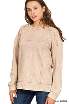 Zenana Acid Wash French Terry Exposed-Seam Pullover