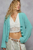 POL Aqua V-Neck Long Sleeve Cardigan with Crochet Exaggerated Buttons