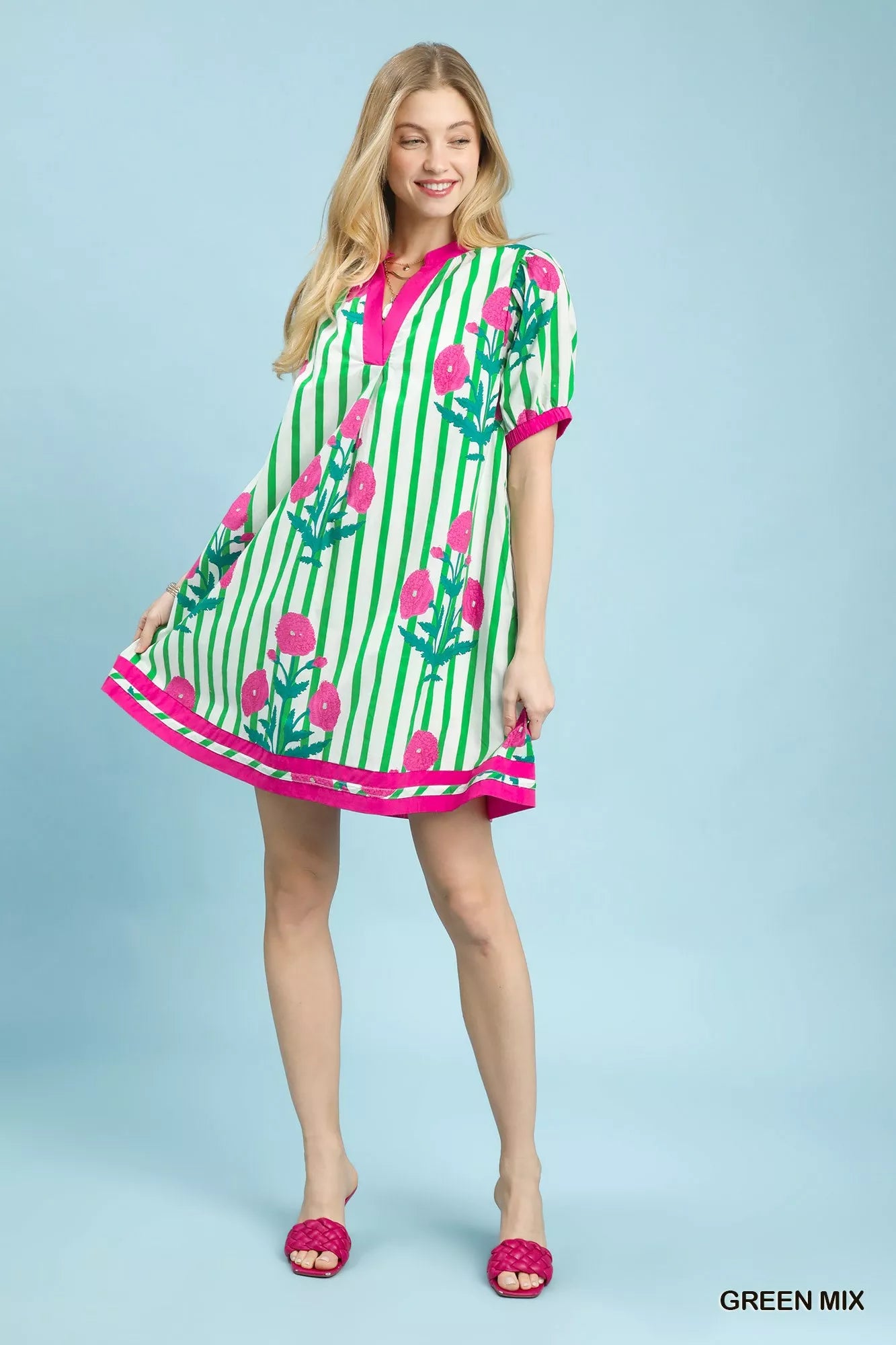 Umgee Mix Floral Stripe Contrast Dress GREEN MIX