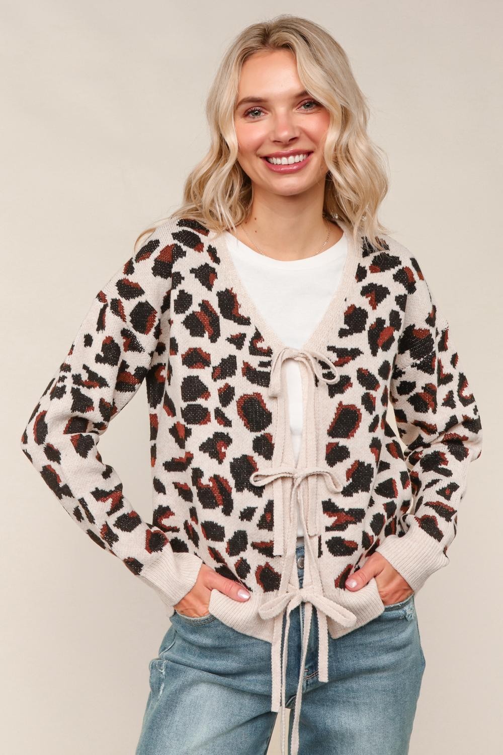 Haptics Leopard Jacquard Cardigan with Front Bow Detail