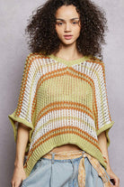 POL Lime Sage Openwork Lightweight Striped V-Neck Knit Top