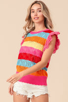 BiBi Fuchsia Combo Pointelle Striped Ruffled Knit Top Trendsi