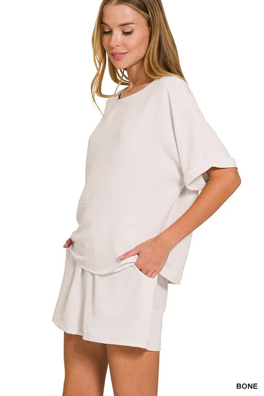 Zenana Bone Woven Airflow Top & Shorts Set