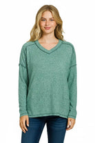 Zenana Hunter Green Soft Melange Hacci Exposed Seam Hi-low Tee