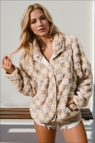 Preorder Double Take Checkered Long Sleeve Fuzzy Jacket Dust Storm