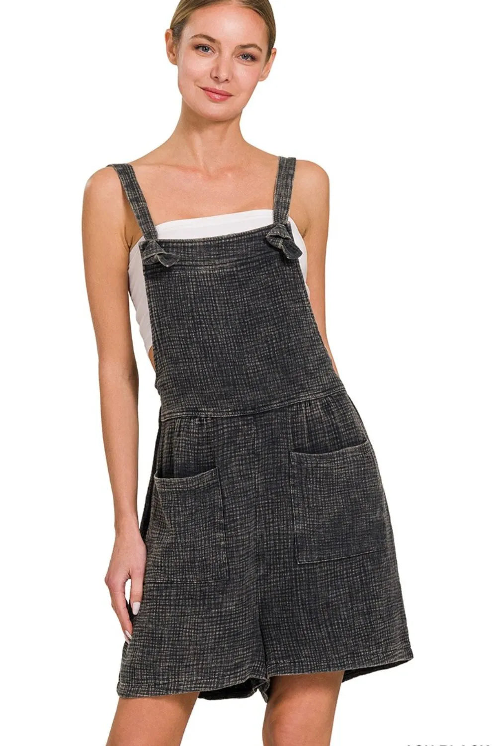 Zenana Ash Black Woven Double Gauze Acid Washed Romper ASH BLACK
