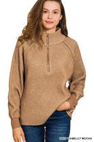Zenana Ribbed Two-Tone Half Zip Sweater — Deep Camel/Light Mocha