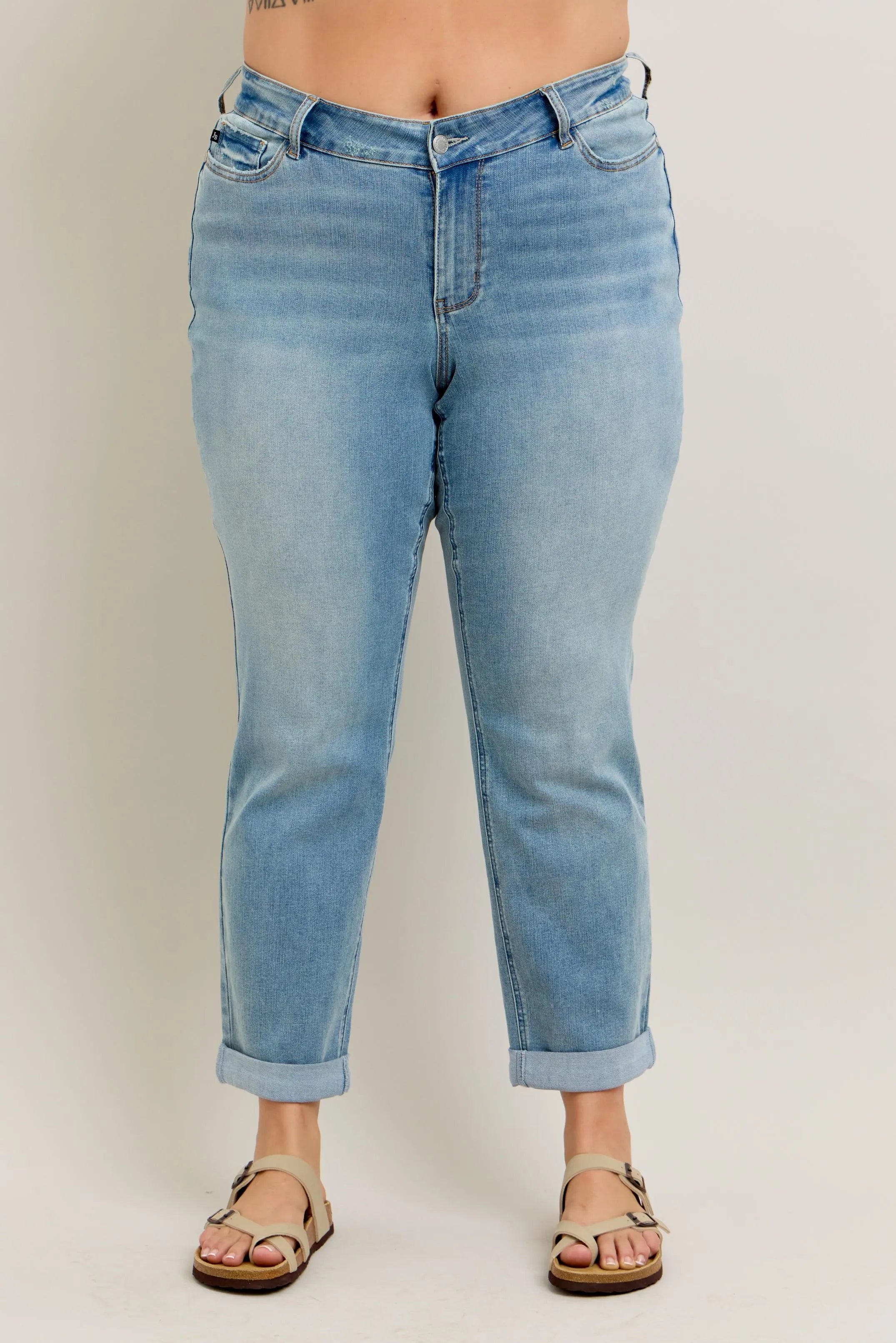 Judy Blue Medium Washed V-Front Cuff Boyfriend Jeans