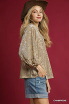 Umgee Champagne Floral Velvet Burnout Blouse with Balloon Sleeves