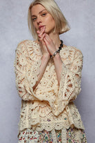 POL Cream Round Neck Weave Knit Pattern Cropped Cover Up