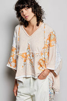 POL Wheat Beige Floral Star Patch Hooded Blouse with Lace Contrast Detail