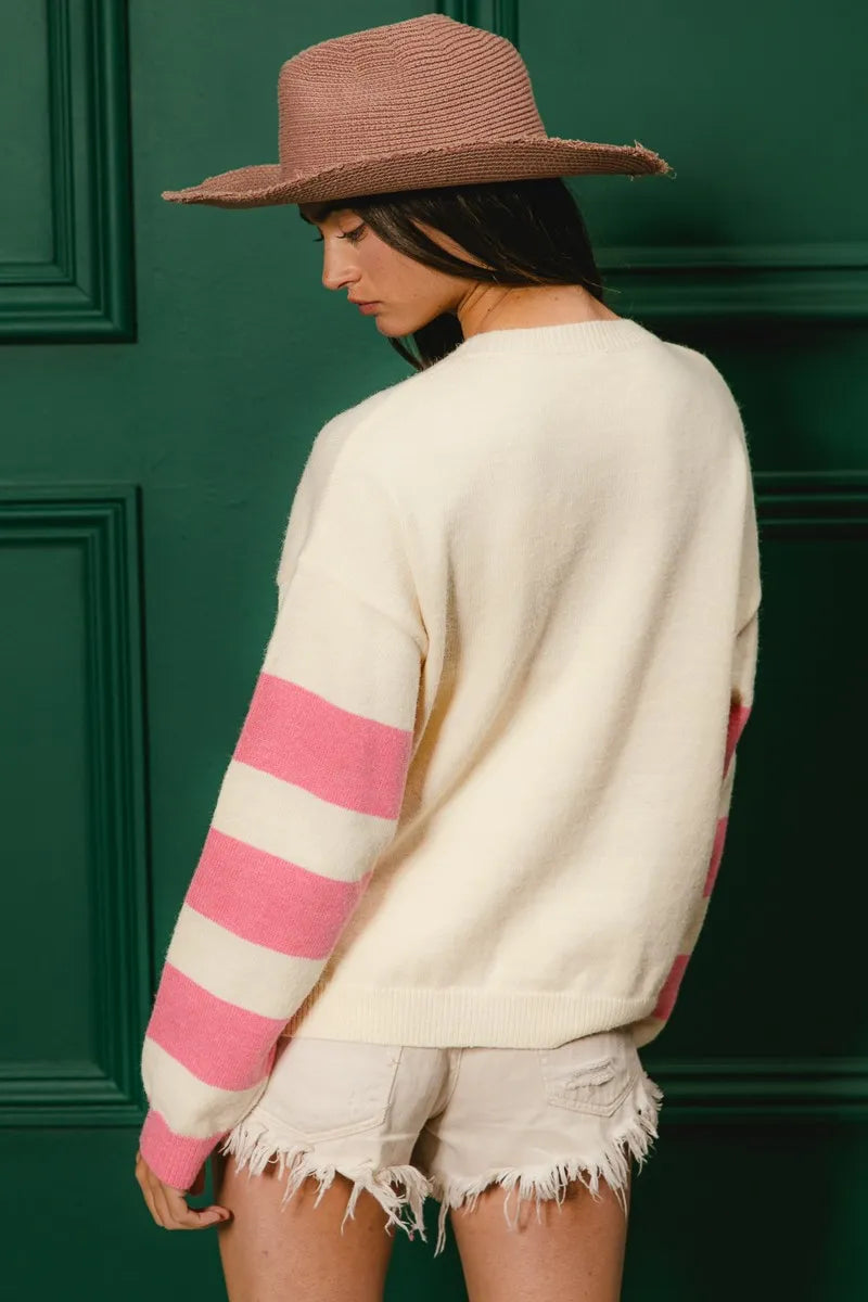 BiBi Oatmeal Colorful Floral Patched Sweater with Striped Sleeve