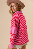 BiBi Pink Striped Contrast Long Sleeve Knit Top Trendsi