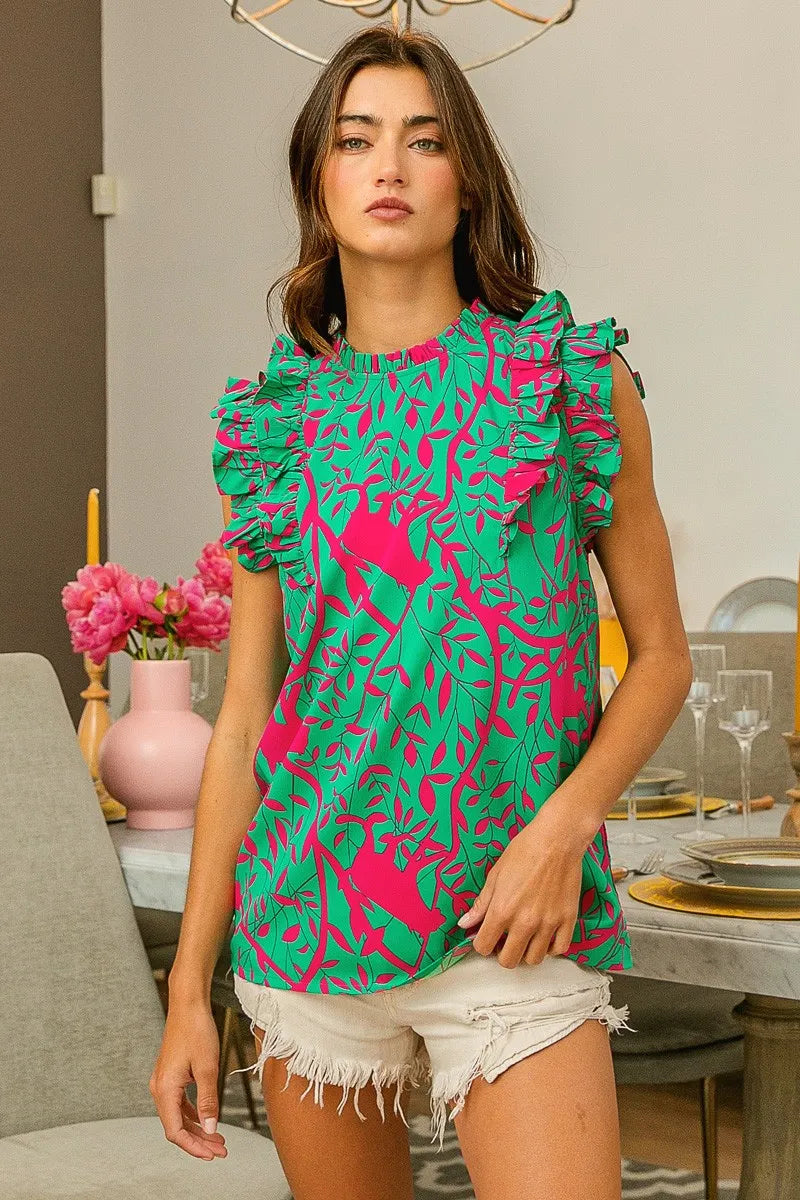 BiBi Jade & Fuchsia Leopard Leaves Print Flutter Sleeve Woven Blouse JADE FUCHSIA