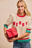 BiBi Christmas Merry Letter Patches Contrast Banded Top