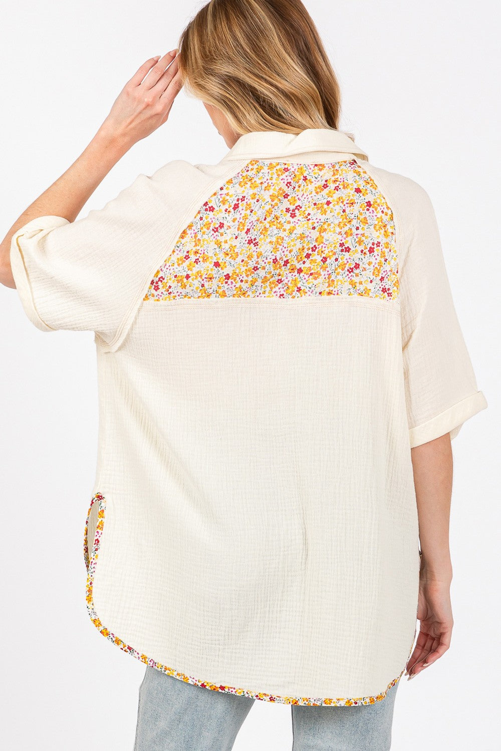SAGE + FIG Ivory Floral Detail Button Up Short Sleeve Shirt Trendsi