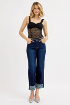 RISEN Mid Rise Fit Crop Wide With Heart Printed Cuff Jeans