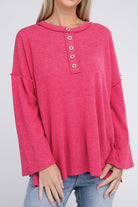 ZENANA Ribbed Brushed Melange Hacci Henley Sweater FUCHSIA ZENANA