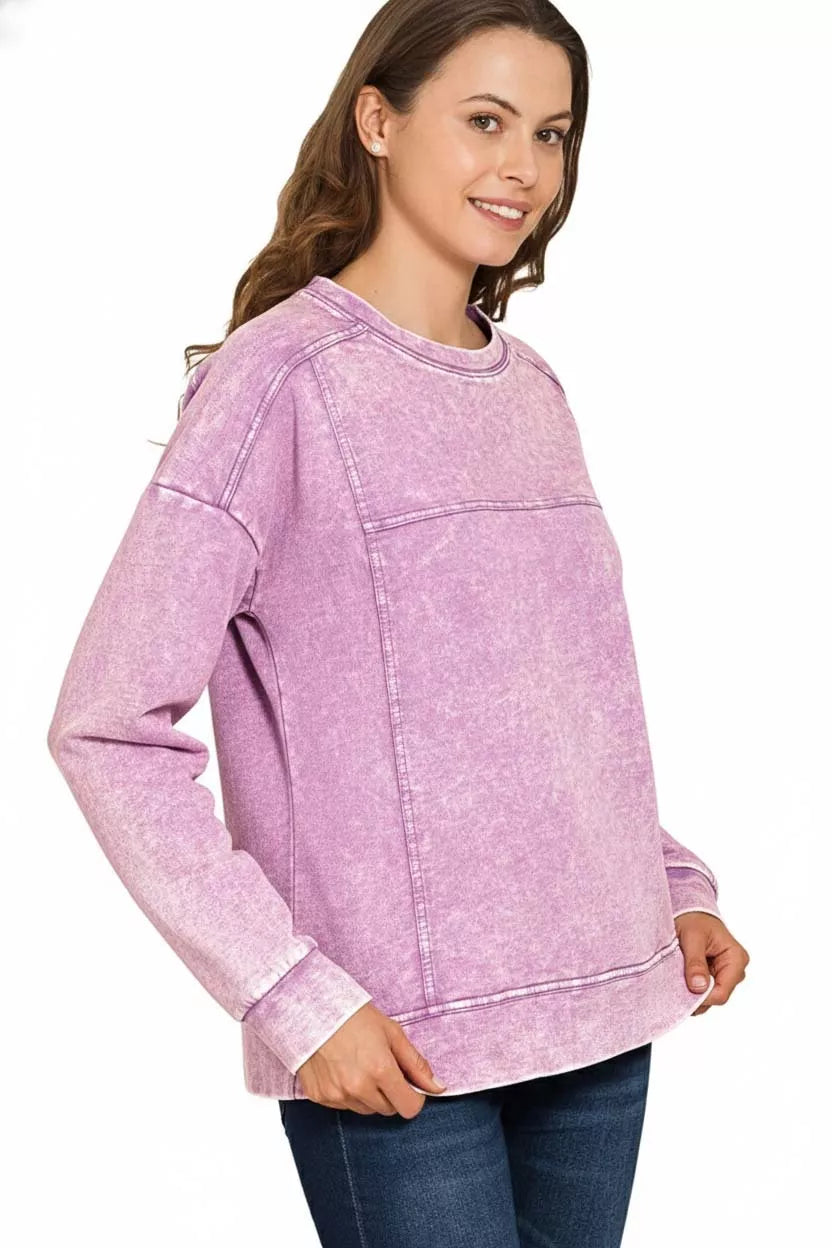 Zenana Acid Wash French Terry Exposed-Seam Pullover